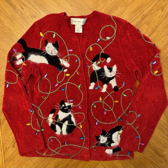 Vintage Susan Bristol Sweater Cats Christmas Cardigan Button Up Women’s Medium - Picture 4 of 12
